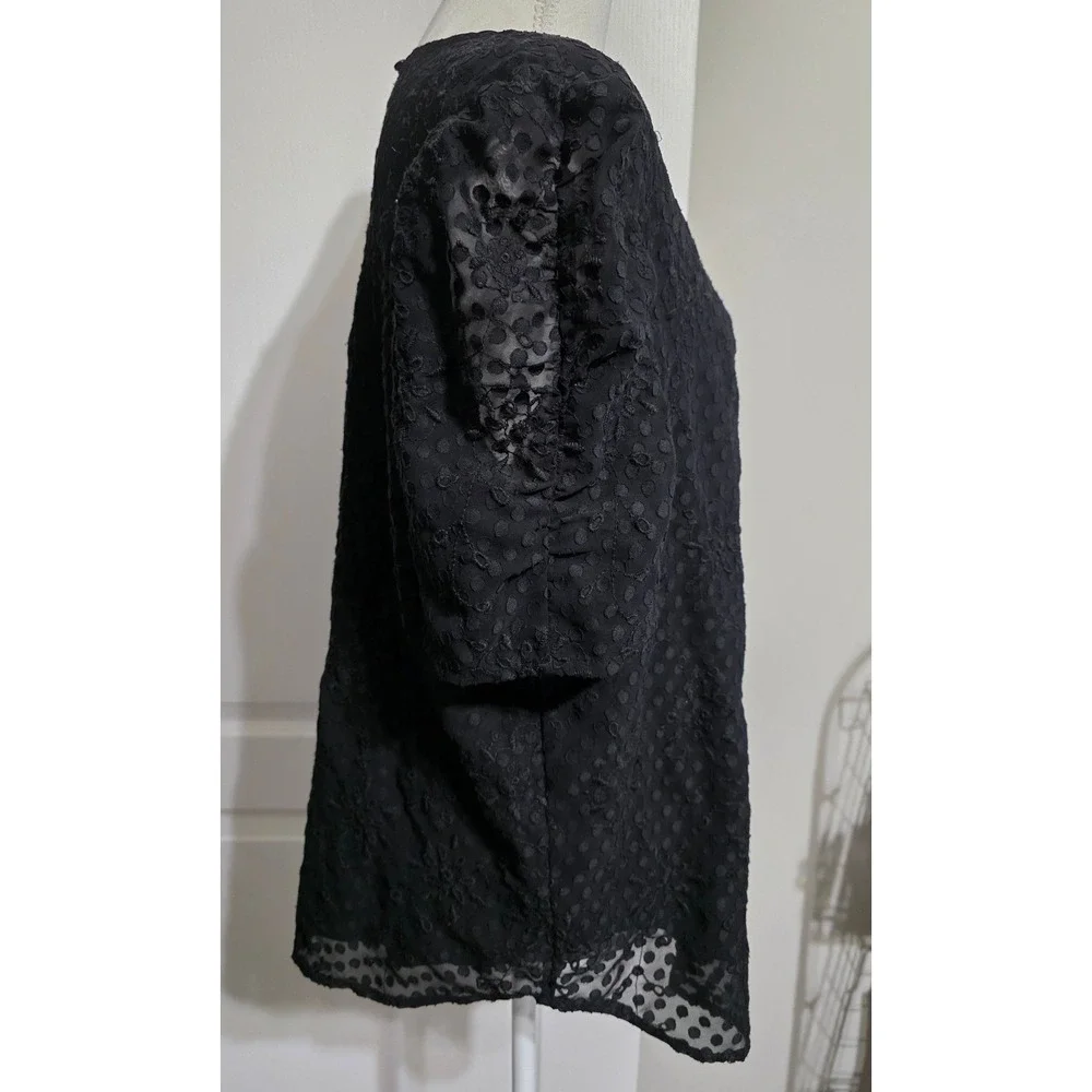 LOFT Blouse Womens L Black Swiss Dot Floral Eyelet Puff Sleeve Keyhole Back Work